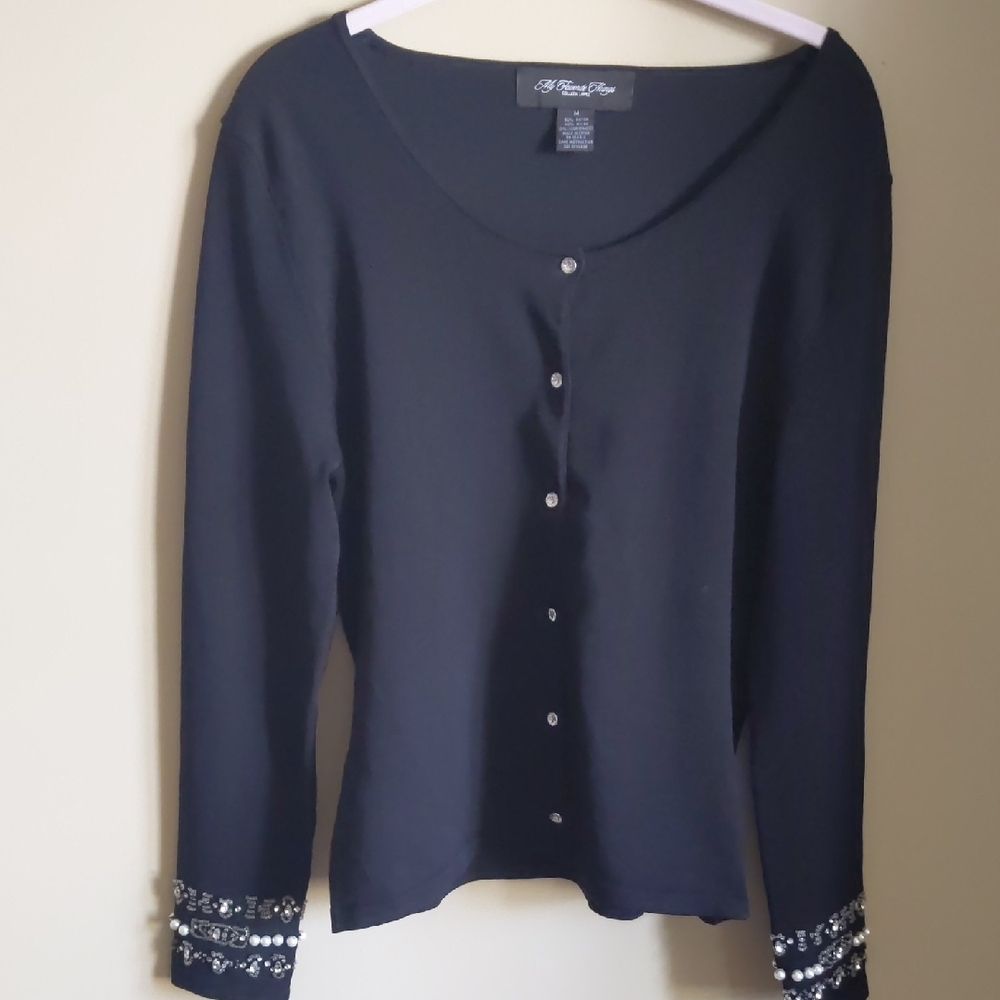 Colleen Lopez Black Button Down Sweaterwith Embellished Cuffs